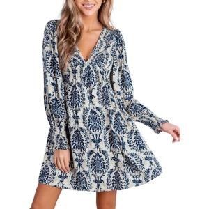 imageCUPSHE Womens Mini Dress Smocked V Neck Long Sleeve Empire Waist Casual A Line DressNavy Paisley