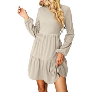imageCUPSHE Womens Mini Fall Dresses Knit Casual Long Sleeve Crew Neck Flowy Tiered Ruffled Short Sweater DressBeige