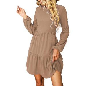 imageCUPSHE Womens Mini Fall Dresses Knit Casual Long Sleeve Crew Neck Flowy Tiered Ruffled Short Sweater DressCamel