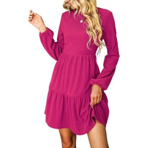 imageCUPSHE Womens Mini Fall Dresses Knit Casual Long Sleeve Crew Neck Flowy Tiered Ruffled Short Sweater DressHot Pink