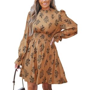 imageCUPSHE Womens Mock Neck Floral Mini Fall Dress Long Ruffle Sleeve Elastic Waist Smocked Casual Flowying Mini DressesBurnt Almond