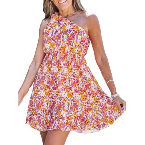 imageCUPSHE Womens One Shoulder Floral Summer Dresses Vacation Casual Mini Dress Short Sleeveless Beach SundressOrange Floral
