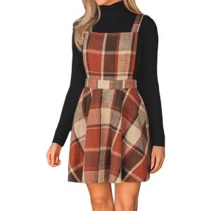 imageCUPSHE Womens Overall Dress Square Neck Plaid Sleeveless Casual Short A Line Cute Fall Mini Pinafore DressesBrown Plaid