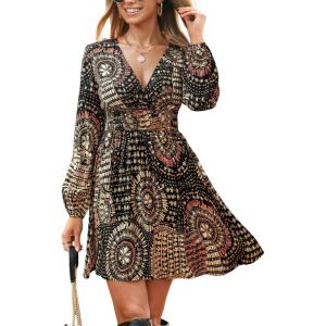 imageCUPSHE Womens Paisley Printed Fall Mini Dress V Neck Long Sleeve Smocked Waist Flowy Ruffled Vacation DressssBlack