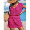 imageCUPSHE Women Crochet Swimsuit Cover Ups Hollow Out Short Sleeve Beach Coverup DressBhot Pink