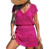 imageCUPSHE Women Crochet Swimsuit Cover Ups Hollow Out Short Sleeve Beach Coverup DressBhot Pink
