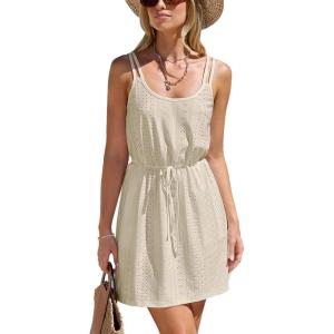 imageCUPSHE Women Swimsuit Cover Up Sleevess Spaghetti Straps Summer Mini Beach Dress Tie Waist Bathing Suit Coverups for SwimwearApricot