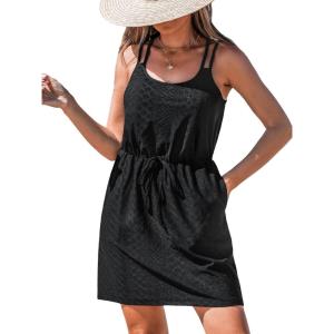 imageCUPSHE Women Swimsuit Cover Up Sleevess Spaghetti Straps Summer Mini Beach Dress Tie Waist Bathing Suit Coverups for SwimwearBlack