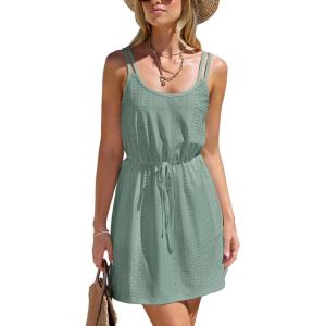 imageCUPSHE Women Swimsuit Cover Up Sleevess Spaghetti Straps Summer Mini Beach Dress Tie Waist Bathing Suit Coverups for SwimwearGreen