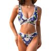 imageCUPSHE Womens Bikini Sets Two Piece Swimsuit V Neck Wrap Bralette Stitching Back Self Tie Wide StrapsNavyBeige Floral