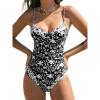 imageCUPSHE Womens One Piece Swimsuit V Neck Color Block Underwire Push Up Ruching Tummy Control Back Cutout Retro TexturedBlackTropical