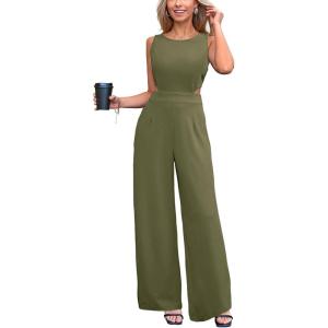 imageCUPSHE Womens Romper Sleeveless Crew Neck Waist Cutout Wide Leg Maxi Jumpsuit Outfit Casual DressyNavy Green