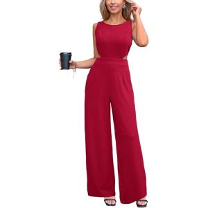 imageCUPSHE Womens Romper Sleeveless Crew Neck Waist Cutout Wide Leg Maxi Jumpsuit Outfit Casual DressyRed