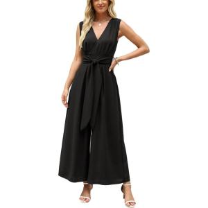 imageCUPSHE Womens Sleeveless V Neck Jumpsuit Summer Tied Wide Leg One Piece Romper Casual Elegant Outfit Beach VacationBlack