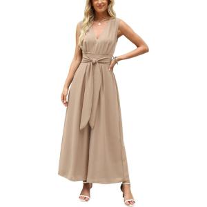 imageCUPSHE Womens Sleeveless V Neck Jumpsuit Summer Tied Wide Leg One Piece Romper Casual Elegant Outfit Beach VacationKhaki