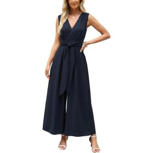imageCUPSHE Womens Sleeveless V Neck Jumpsuit Summer Tied Wide Leg One Piece Romper Casual Elegant Outfit Beach VacationNavy Blue