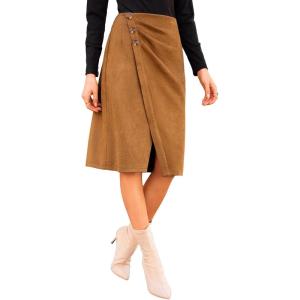imageCUPSHE Womens Midi Skirts Split Ruched Button Pencil Skirts Elastic Waist Wrap Long SkirtBeige