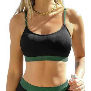imageCUPSHE Womens Bikini Top Swimsuit Only Sporty Textured Bathing Suit Tank Top Adjustable StrapsBlackDark Green