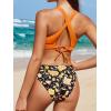 imageCUPSHE Bikini Set for Women Two Piece Swimsuit V Neck Triangle Top Wide Straps Cross Back Lace up Mid RiseOrange Black Print
