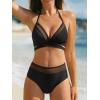 imageCUPSHE Womens Bikini Sets Halter V Neck Self Tied Straps Bathing Suit High Rise Mesh Edge Light SupportBlack