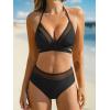 imageCUPSHE Womens Bikini Sets Halter V Neck Self Tied Straps Bathing Suit High Rise Mesh Edge Light SupportBlack