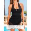 imageCUPSHE Womens One Piece Swim Dress Swimsuit U Wire Neck Halter Bathing Suit Asymmetrical Drawstring Mesh Wide StrapsBlack
