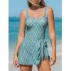 imageCUPSHE Womens One Piece Swimsuit Bathing Suit Scoop Neck Swimdress Wide Straps Tie Knot Swim SkirtTeal GreenWhite Geo Print
