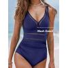 imageCUPSHE Womens One Piece Swimsuit Bathing Suit V Neck Adjustable Straps Ruched Mesh Back HookNavy Blue