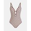 imageCUPSHE Womens One Piece Swimsuit Plunging V Neck Keyhole Bathing Suit Cutout Adjustable Straps Spaghetti Color BlockBrownWhite Plaid