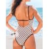 imageCUPSHE Womens One Piece Swimsuit Plunging V Neck Keyhole Bathing Suit Cutout Adjustable Straps Spaghetti Color BlockBrownWhite Plaid