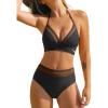 imageCUPSHE Womens Bikini Sets Halter V Neck Self Tied Straps Bathing Suit High Rise Mesh Edge Light SupportBlack