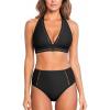 imageCUPSHE Womens Bikini Sets High Waisted Two Piece Swimsuit V Neck Halter Strap Bathing Suit Cutouts Back HookBlack