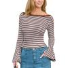 imageCUPSHE Womens Long Bell Sleeve Cropped T Shirt Top Boat Neck Striped Slim Fit Knit Shirts Fall Tee TopBrown White