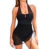 imageCUPSHE Womens One Piece Swim Dress Swimsuit U Wire Neck Halter Bathing Suit Asymmetrical Drawstring Mesh Wide StrapsBlack