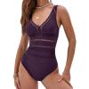 imageCUPSHE Womens One Piece Swimsuit Bathing Suit V Neck Adjustable Straps Ruched Mesh Back HookDark Purple