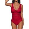 imageCUPSHE Womens One Piece Swimsuit Bathing Suit V Neck Adjustable Straps Ruched Mesh Back HookTrue Red