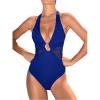 imageCUPSHE Womens One Piece Swimsuit Halter Plunging Deep V Neck Side Mesh Panel Bathing Suit Textured FabricRoyal Blue