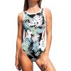 imageCUPSHE Womens One Piece Swimsuit High Neck Bathing Suit Side Cutout Color Block Wide Straps Sporty Back HookWhiteSage Green Tropical