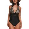 imageCUPSHE Womens One Piece Swimsuit Plunging Neck Bathing Suit Halter Strappy Lace Cutouts SwimwearBlack