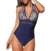 imageCUPSHE Womens One Piece Swimsuit Plunging Neck Bathing Suit Halter Strappy Lace Cutouts SwimwearNavy Blue