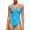 imageCUPSHE Womens One Piece Swimsuit V Neck Bathing Suits Low Back Tie Ruching Adjustable Straps SwimwearSky BlueYellow Floral