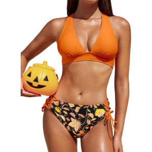 imageCUPSHE Bikini Set for Women Two Piece Swimsuit V Neck Triangle Top Wide Straps Cross Back Lace up Mid RiseOrange Black Print