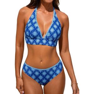 imageCUPSHE Womens Bikini Sets Halter V Neck Adjustable Wide Self Tied Straps Bathing Suit Standard RiseTropical Blue