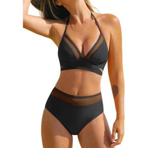 imageCUPSHE Womens Bikini Sets Halter V Neck Self Tied Straps Bathing Suit High Rise Mesh Edge Light SupportBlack