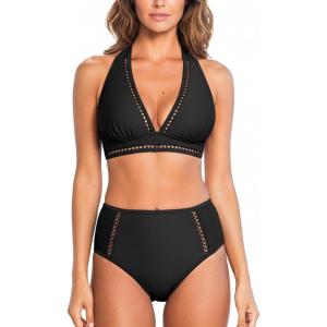imageCUPSHE Womens Bikini Sets High Waisted Two Piece Swimsuit V Neck Halter Strap Bathing Suit Cutouts Back HookBlack