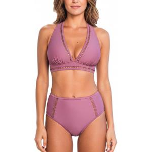 imageCUPSHE Womens Bikini Sets High Waisted Two Piece Swimsuit V Neck Halter Strap Bathing Suit Cutouts Back HookBrick Red