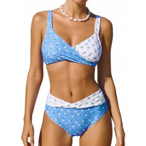 imageCUPSHE Womens Bikini Sets Two Piece Swimsuit V Neck Twist Front Back Self Tie Wide Adjustable Straps Mid RiseWhiteBlue Floral