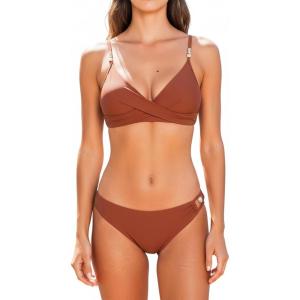 imageCUPSHE Womens Bikini Sets Two Piece Swimsuit with Bead V Neck Wrapped Front Bathing Suit Mid Rise Back HookWine Red