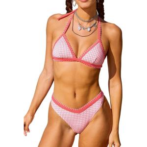 imageCUPSHE Womens Bikini Sets Two Piece Swimsuits Halter V Neck Strappy Hook Shell Stitch Cheeky SwimwearCoral Pink
