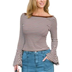imageCUPSHE Womens Long Bell Sleeve Cropped T Shirt Top Boat Neck Striped Slim Fit Knit Shirts Fall Tee TopBrown White